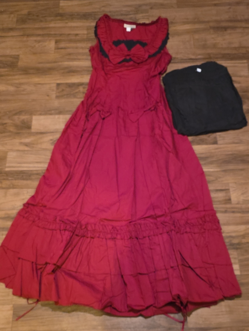 Victorian Choice Red Ruffled Maxi Dress with Black Trim